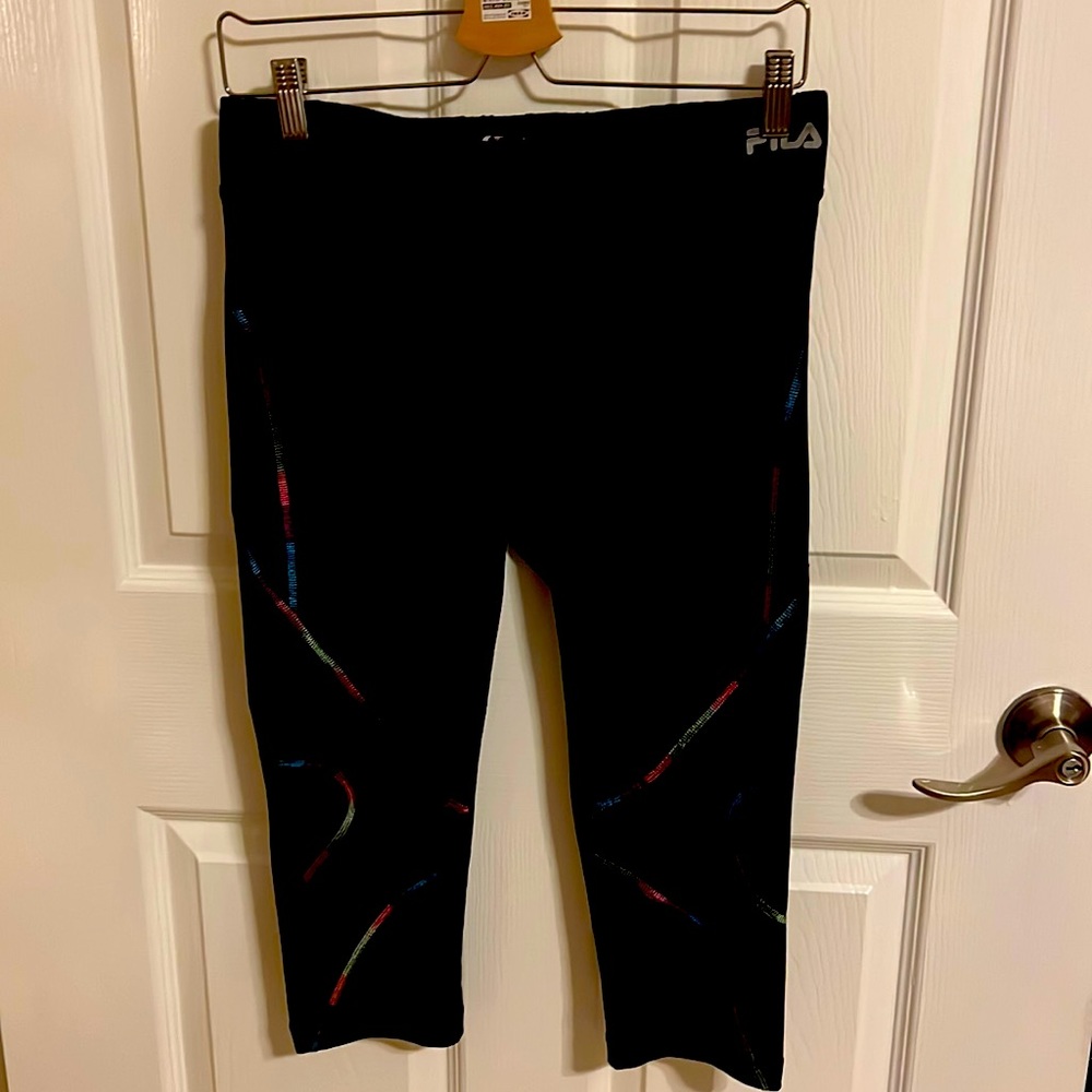 Fila workout outfit, black with design across in multiple colors, zize med.